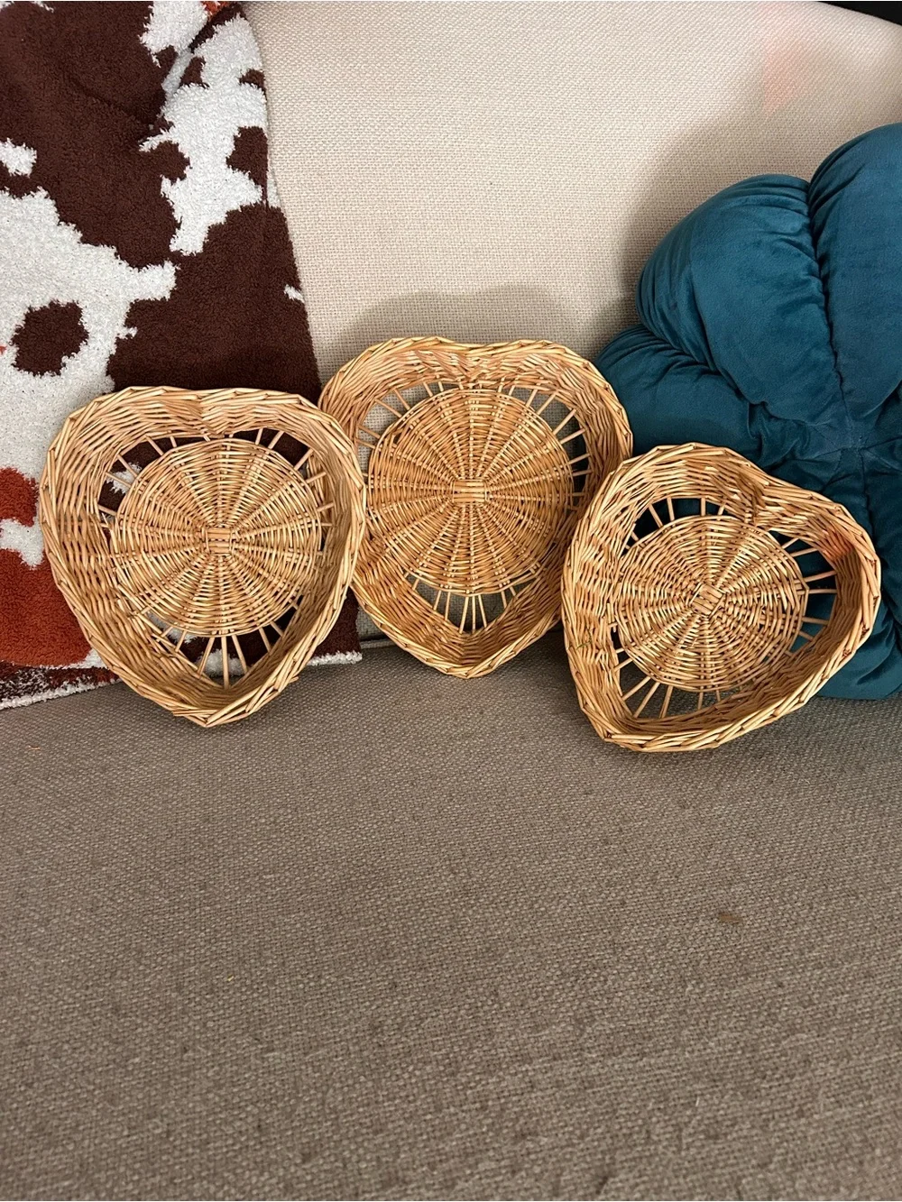Natural Woven Heart Nesting Basket Trio - Light Brown Boho Home Decor